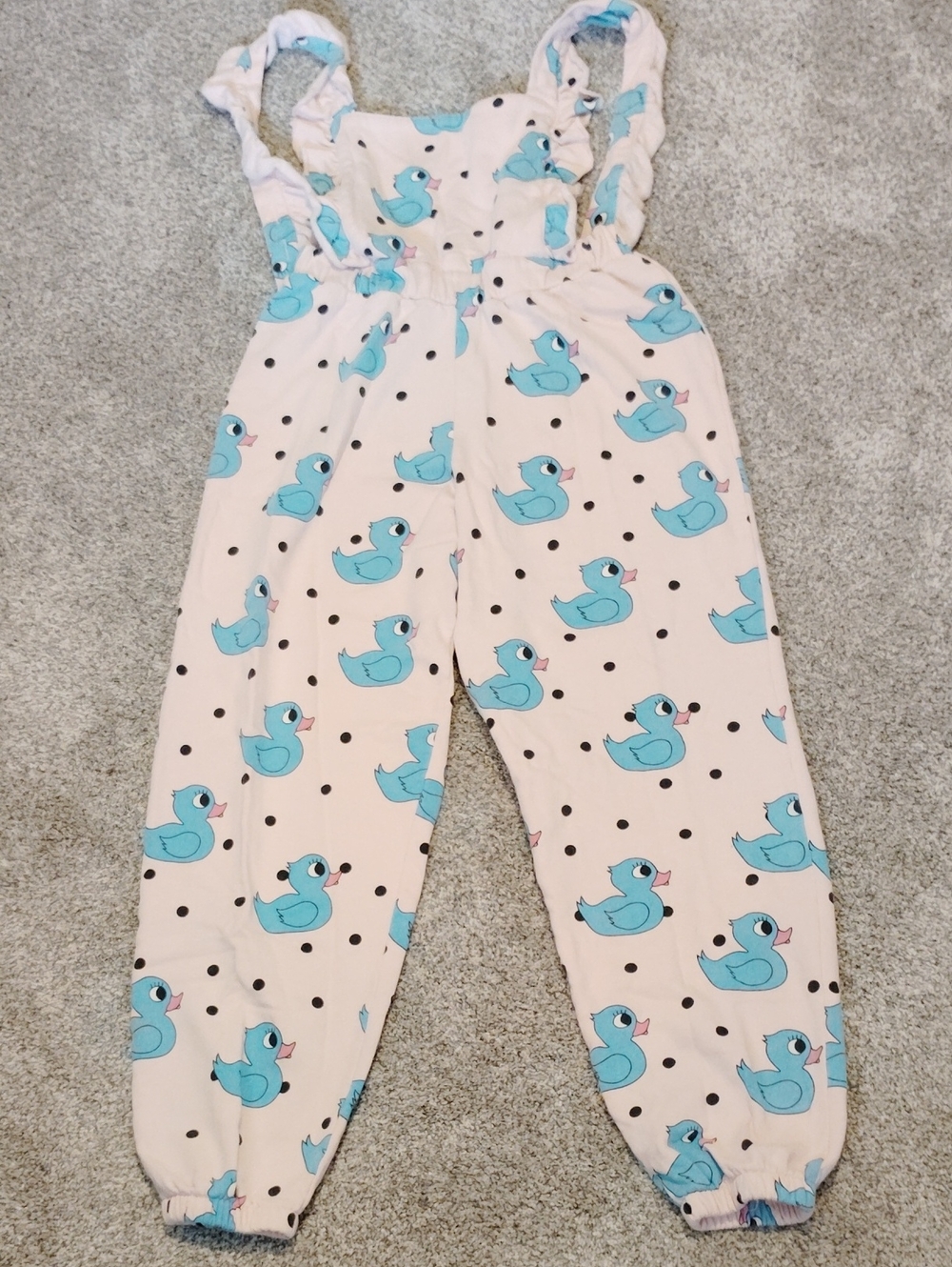 Girls Pink Overalls with Blue Duck Print